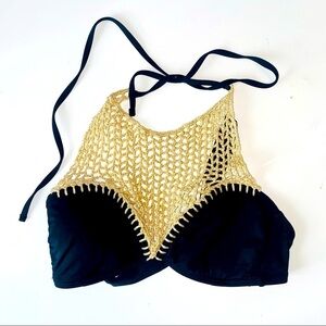 Bikini Lab Black and Tan BOHO Crochet Knit High Neck Halter Bikini Top Size S